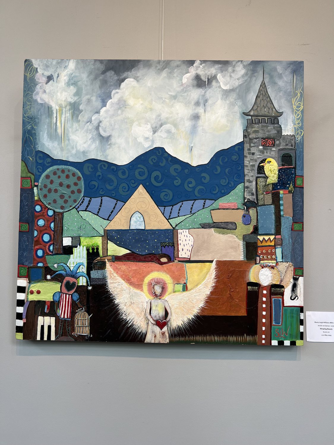 Colourful folk-art painting with an angel, castle tower and tree