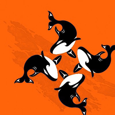 IPW 2025 logo by Charlene Johnny: four orcas in a pod, orange edition