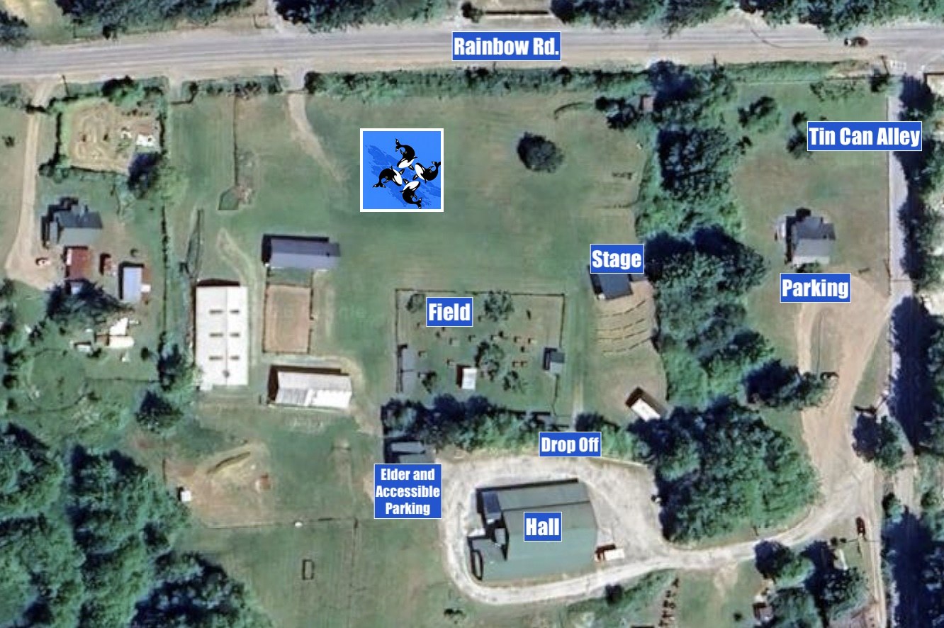 Aerial site map of the Salt Spring Island Farmers Institute showing Rainbow Road, the Stage, the Field, the Hall, drop-off and parking areas including elder and accessible parking, and the Tin Can Alley