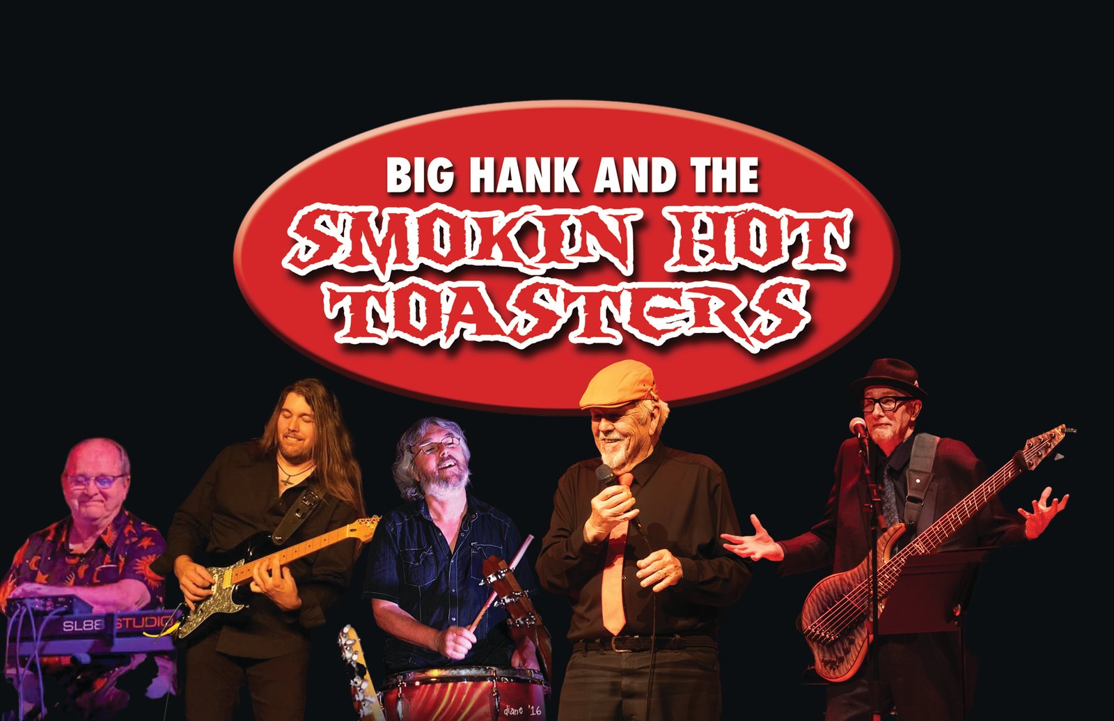 Big Hank and The Smokin’ Hot Toasters — five-piece band performing on stage