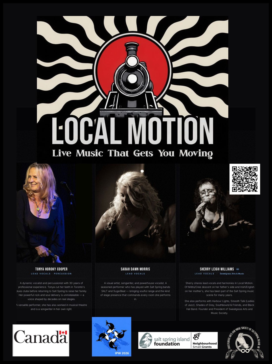 Local Motion poster — Live Music That Gets You Moving. Lead vocalists Tonya Horoky Cooper, Sarah Dawn Morris, and Sherry Leigh Williams.