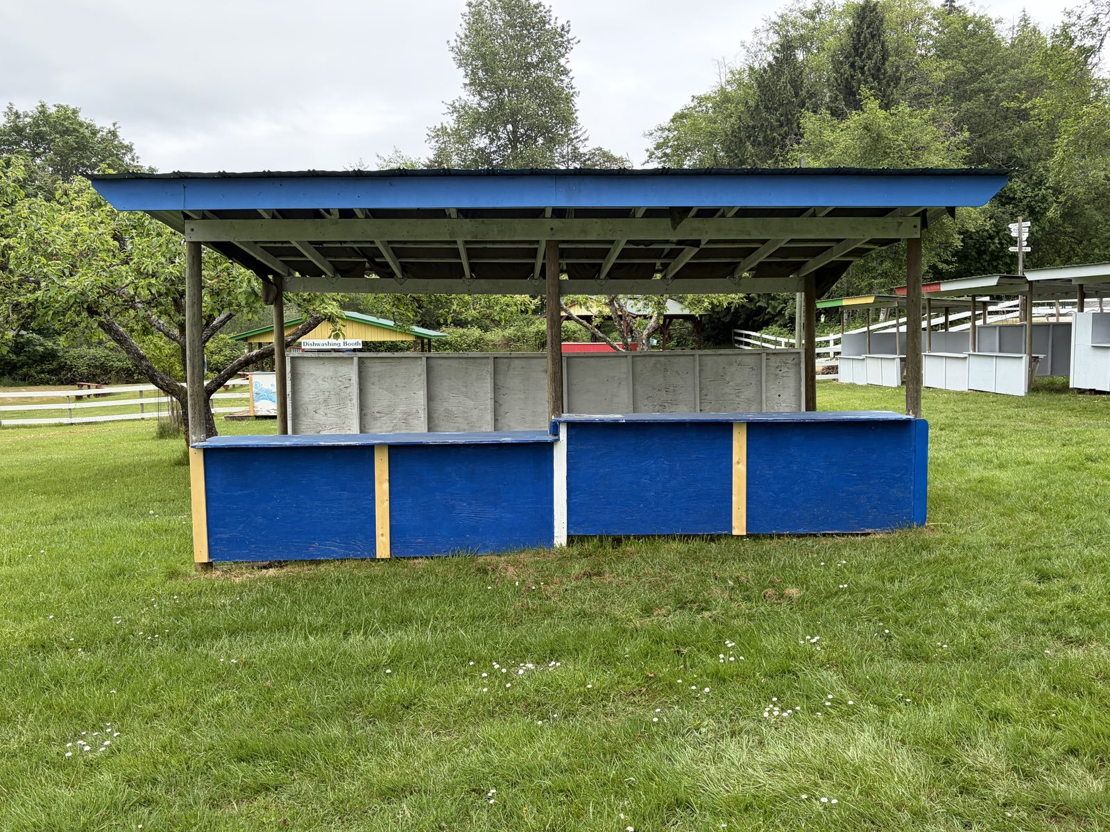 Two blue fixture stalls located toward the centre of the field